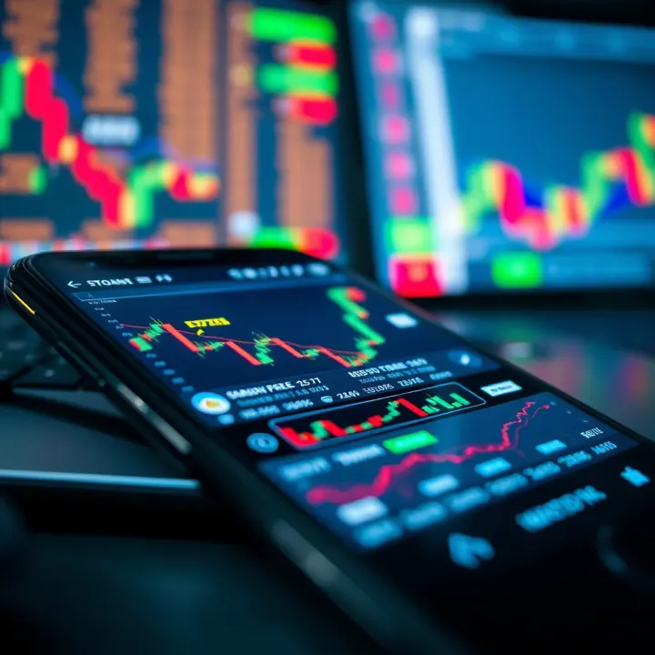 Mobile phone screen displaying various forex trading charts and currency pairs