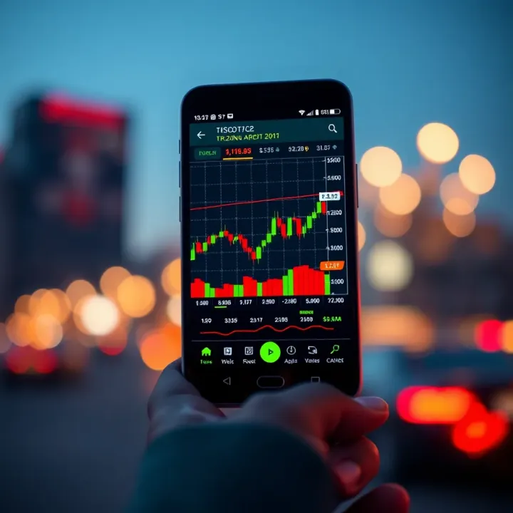Mobile phone displaying forex trading app interface with currency charts and indicators