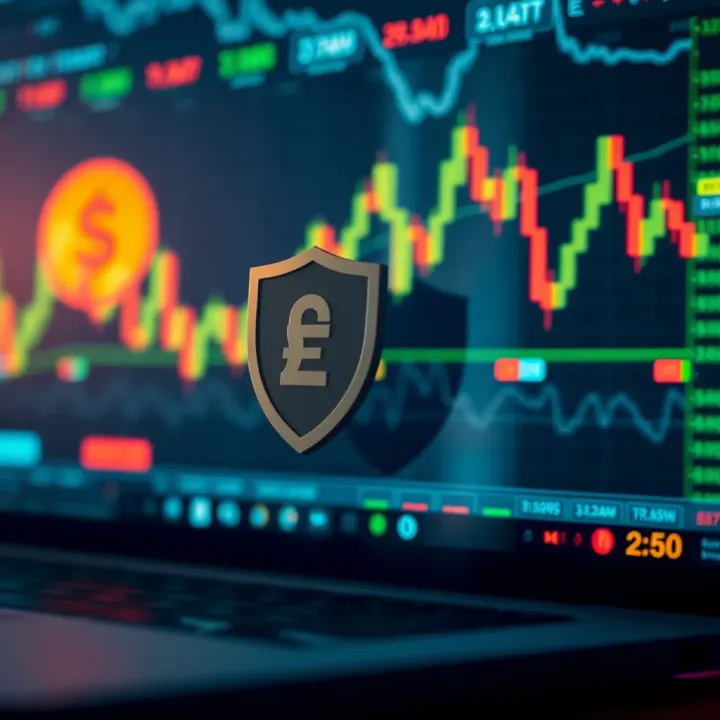 Illustration of secure online forex trading with currency symbols and a shield icon