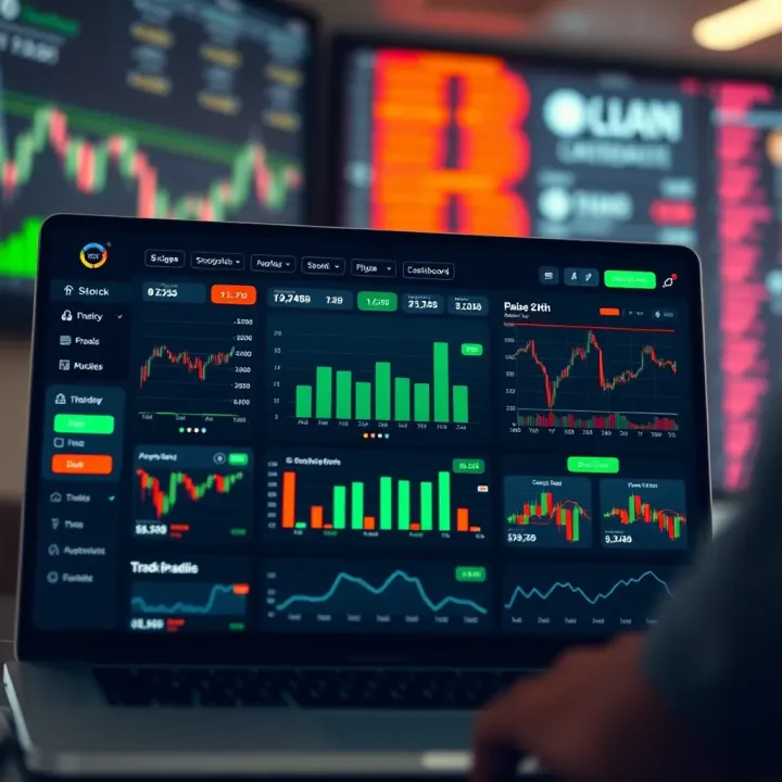 Dashboard showing various stock trading app features including market trends and portfolio overview