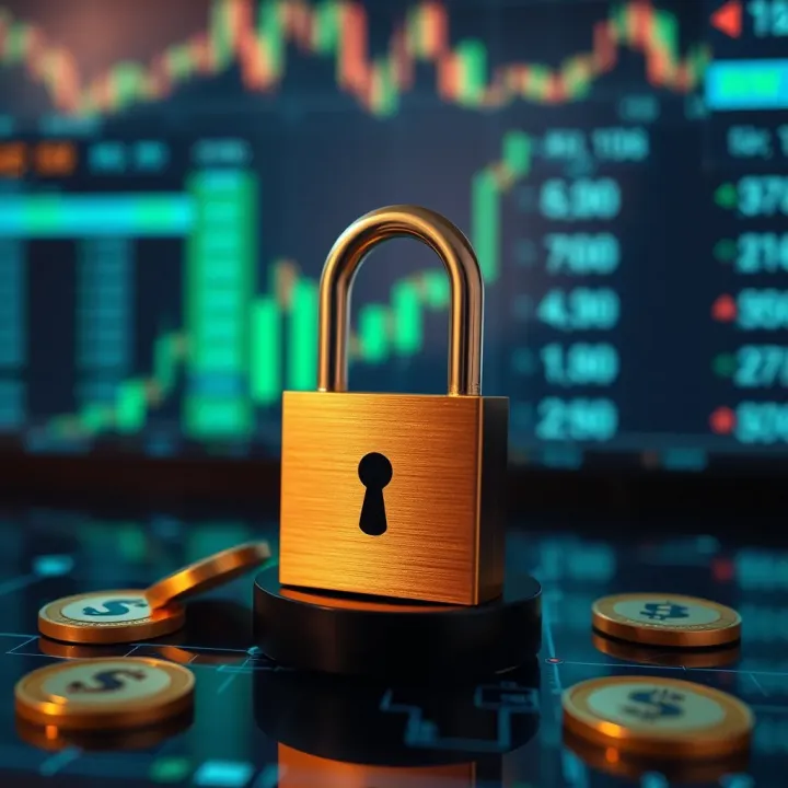 Secure financial technology concept with lock and currency symbols representing safety