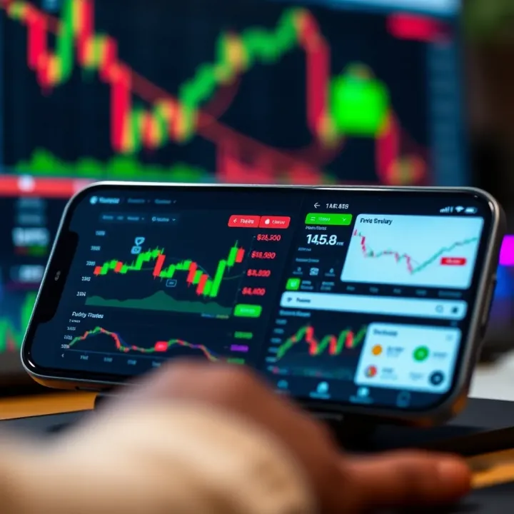 Mobile phone screen displaying popular trading app dashboards with stock charts and cryptocurrency values