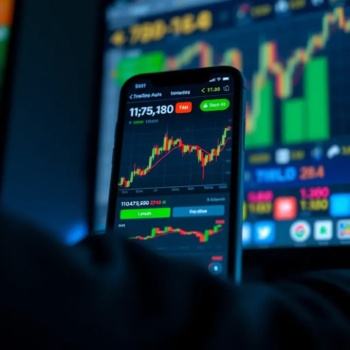 Mobile phone displaying a user-friendly trading app interface with stock market charts and real-time data