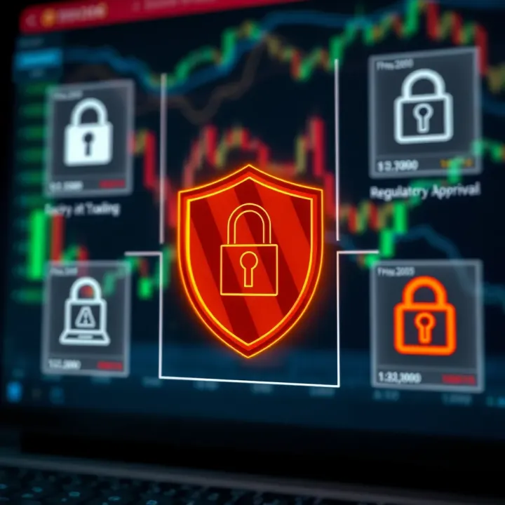 Icons representing security features like encryption, regulatory approvals, and user protection in forex trading