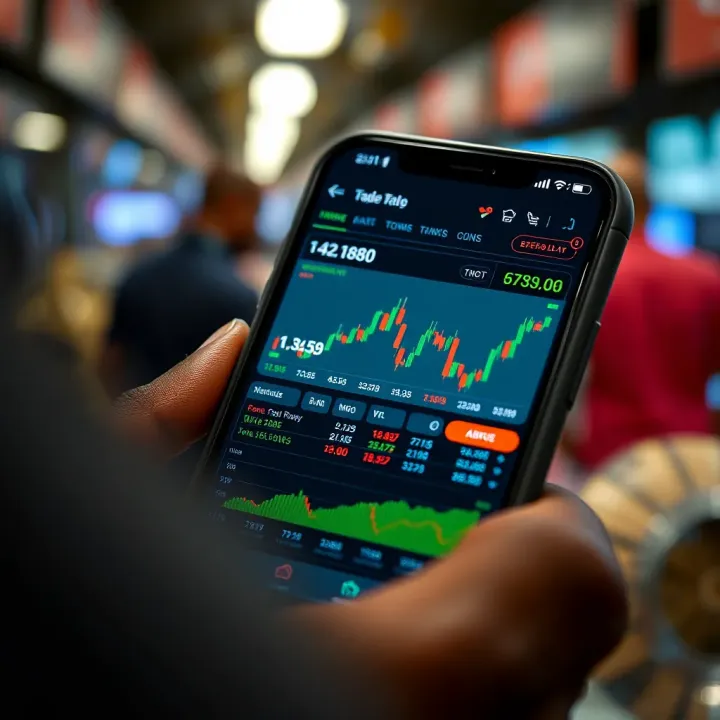 Mobile phone displaying forex trading charts and currency exchange rates in Nigeria
