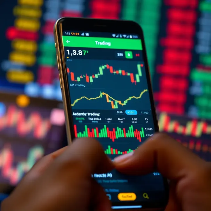 Mobile device displaying a dynamic stock market trading application interface with charts and market data