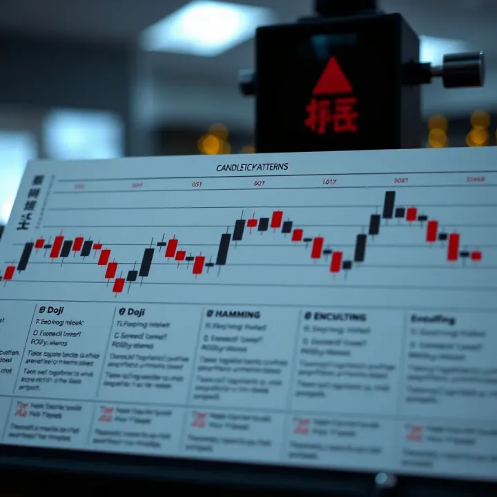 Illustration of common Japanese candlestick patterns such as Doji, Hammer, and Engulfing with explanations