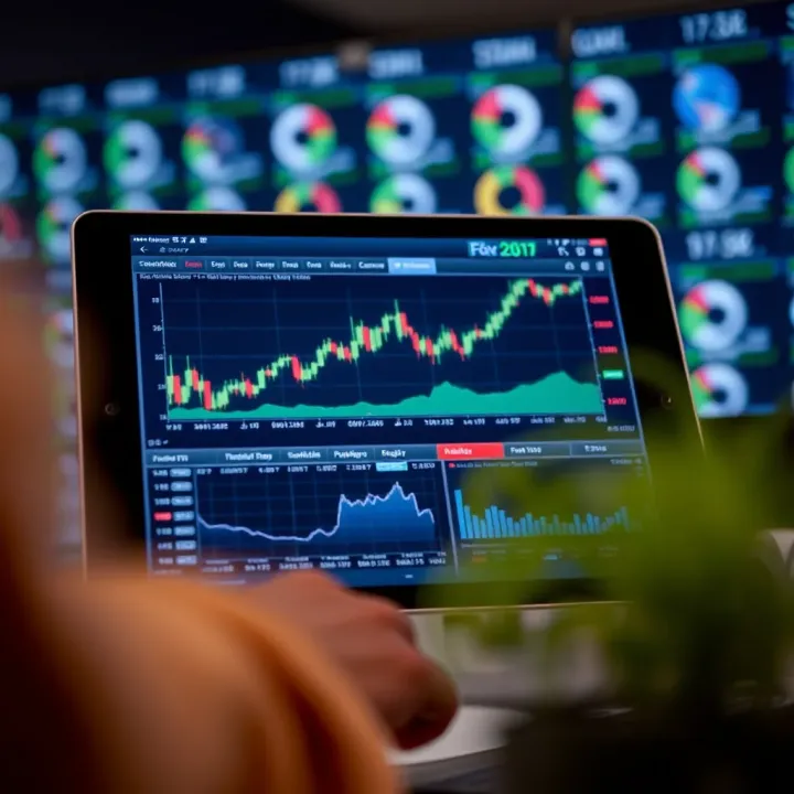 Forex Trading Platform Displaying Currency Charts and Analysis Digital tablet showing a forex trading platform with currency charts and indicators