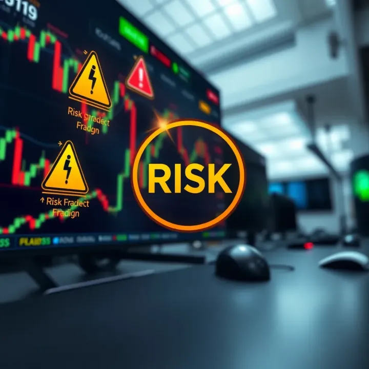 Graphic depicting risk management concepts with warning symbols and financial charts in a digital trading environment
