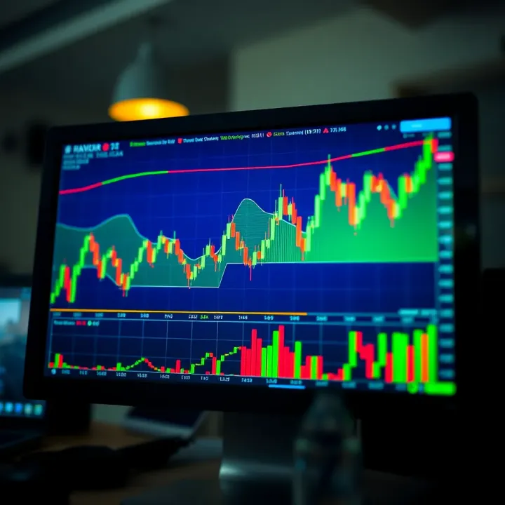 Graph showing upward and downward trends in cryptocurrency trading on a digital screen