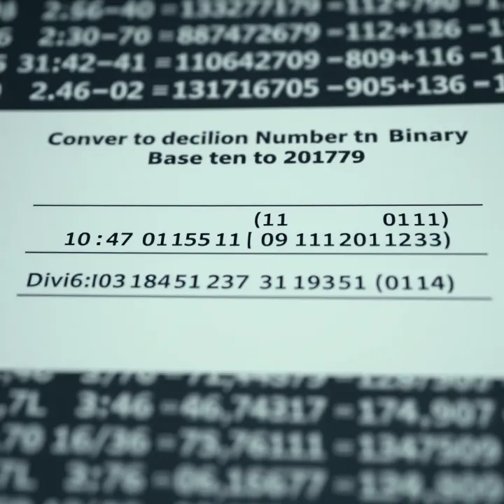 Diagram illustrating the conversion of a base ten number to its binary equivalent using division and remainder method