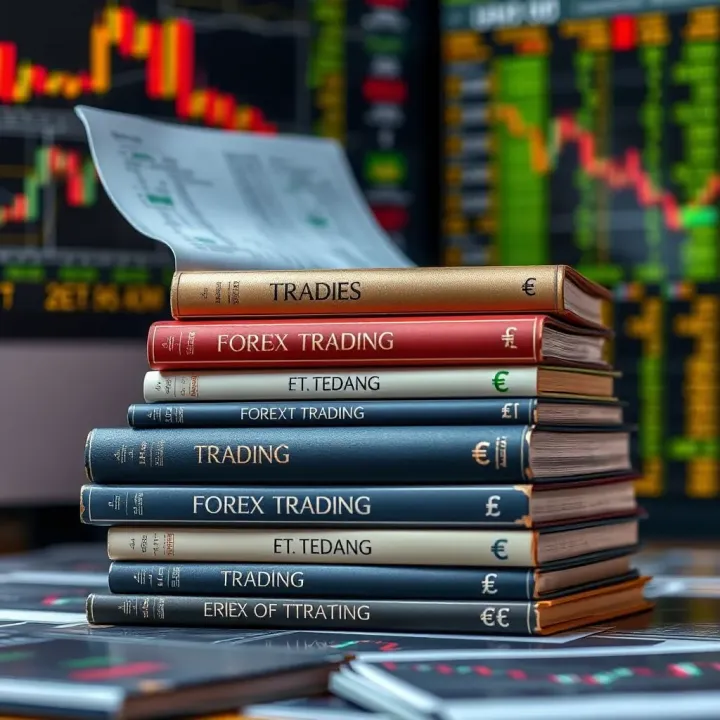 Stack of forex trading books with charts and currency symbols