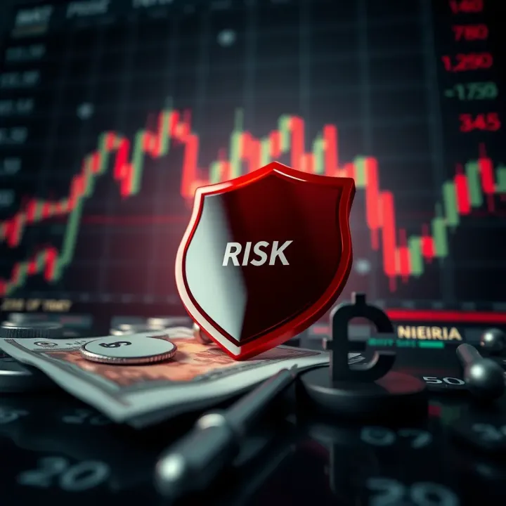 Conceptual illustration of risk management showing protective shield over fluctuating currency symbols and Nigerian naira icon