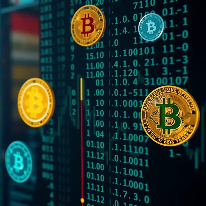 Conceptual visualization of binary code merging with digital currency icons against a dark background