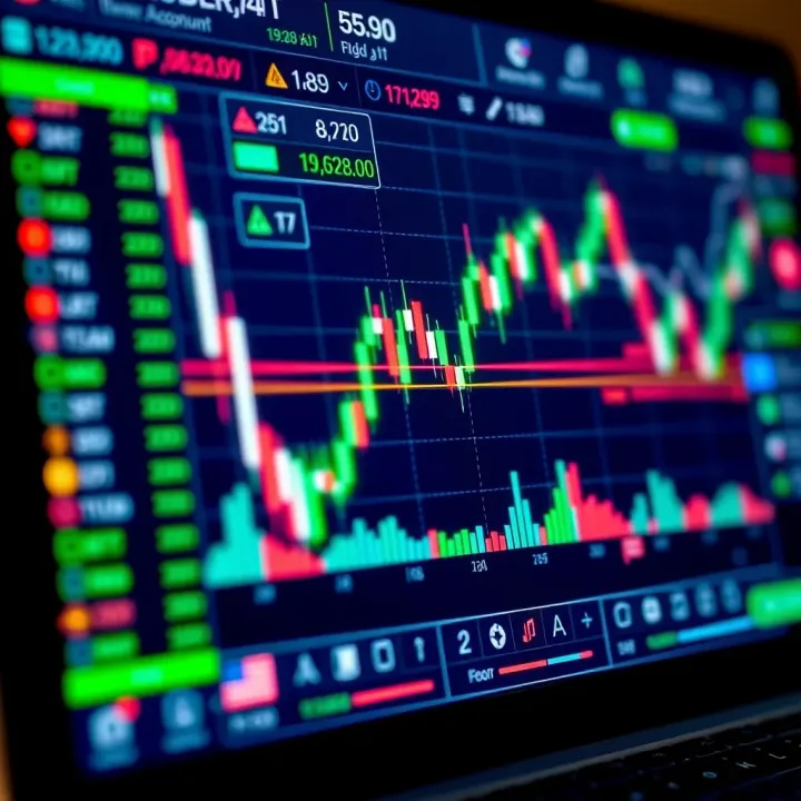 Close-up of a trading platform interface displaying binary options demo account features and charts