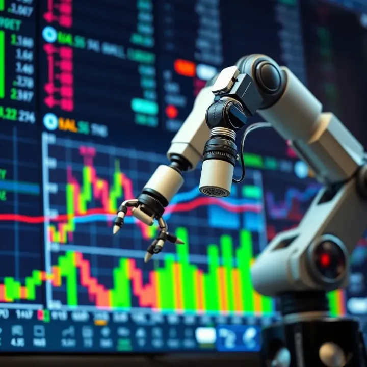 Automated Trading Technology Empowering Nigerian Forex Strategies Digital interface displaying forex market data with a robotic arm analyzing charts