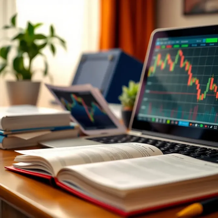 Close-up of a desk with forex trading books and a laptop showing currency exchange rates