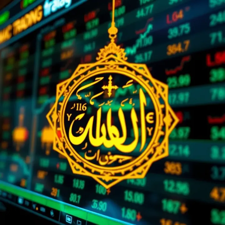 Islamic calligraphy symbolizing faith overlaid on currency exchange symbols