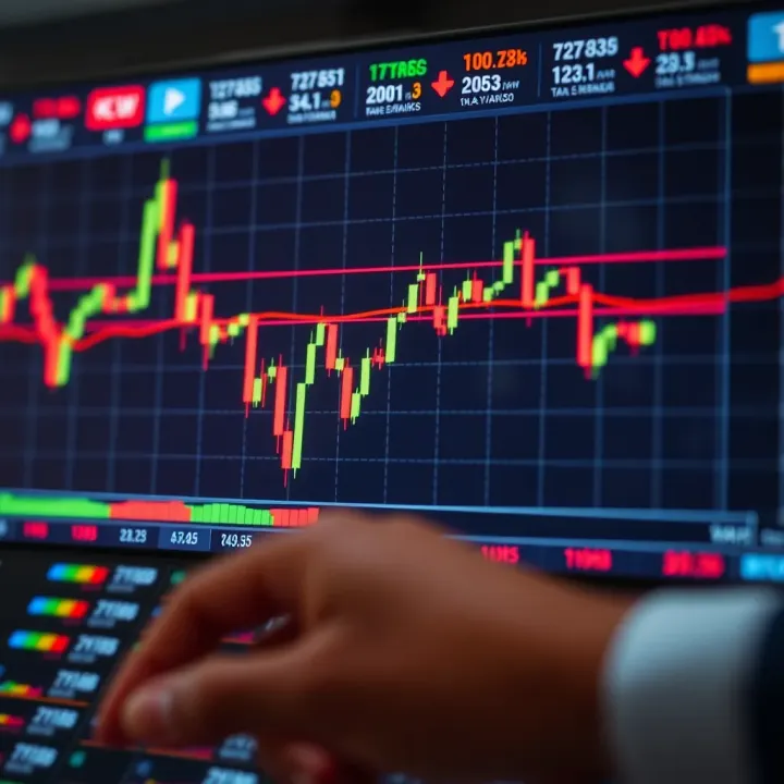 A digital chart showing forex currency pairs with upward and downward trends