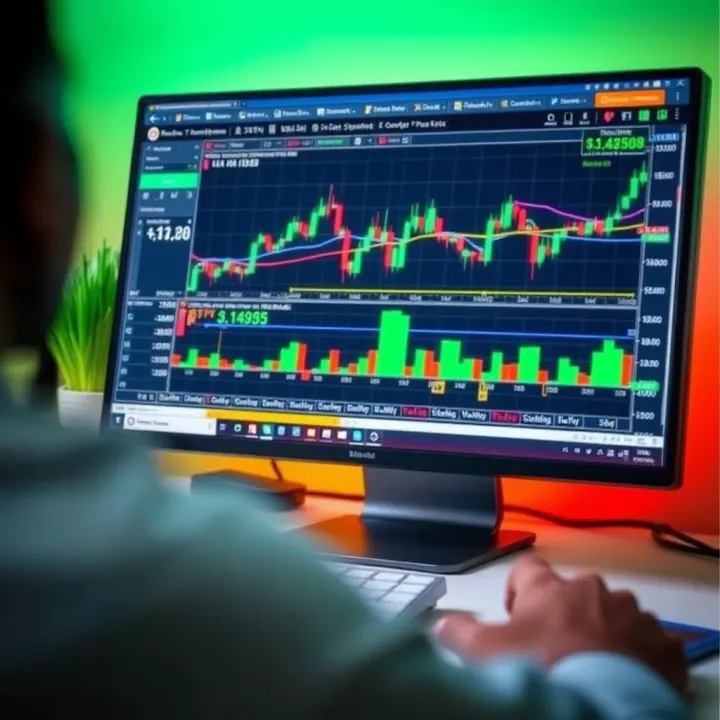 Computer screen displaying a forex trading platform with currency charts and graphs