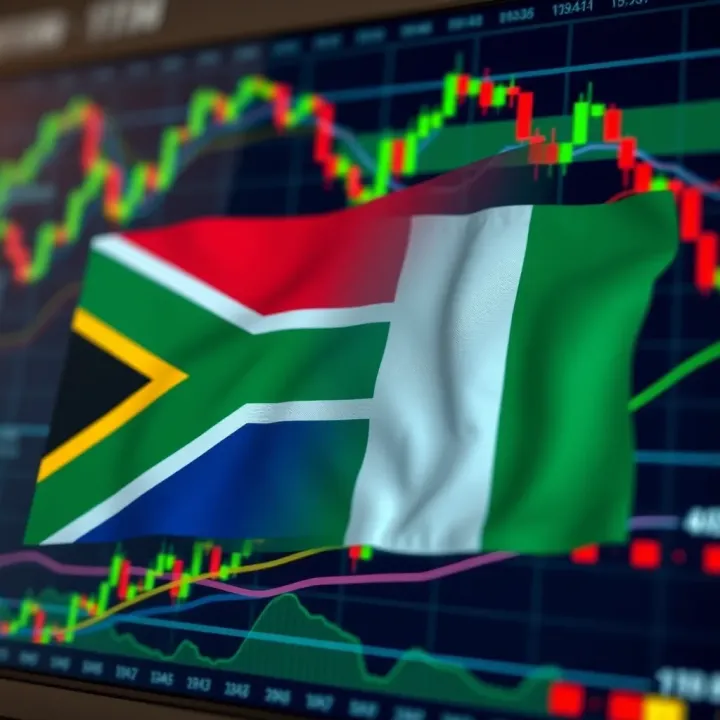 Representation of South African and Nigerian flags overlaid on a digital forex trading chart