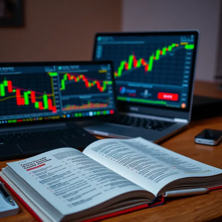 Desk setup with open forex book, notebook, and laptop showing trading data