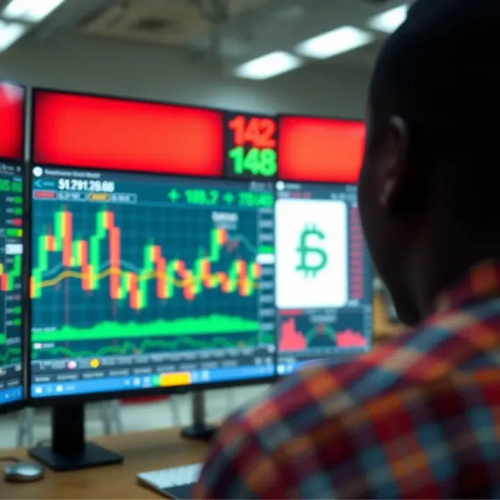 Digital interface showing cryptocurrency trading charts and Nigerian currency symbol
