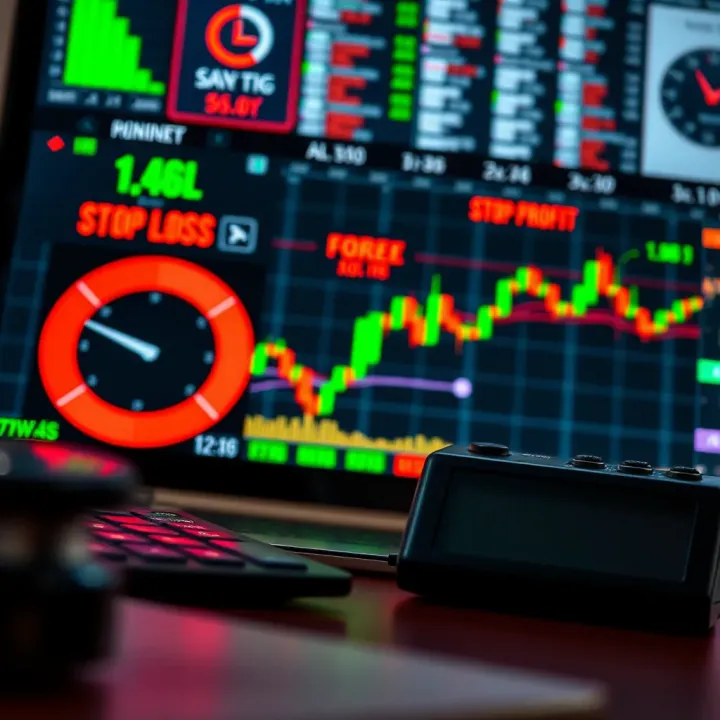 Visual representation of risk management tools including stop-loss, take-profit indicators, and a calculator