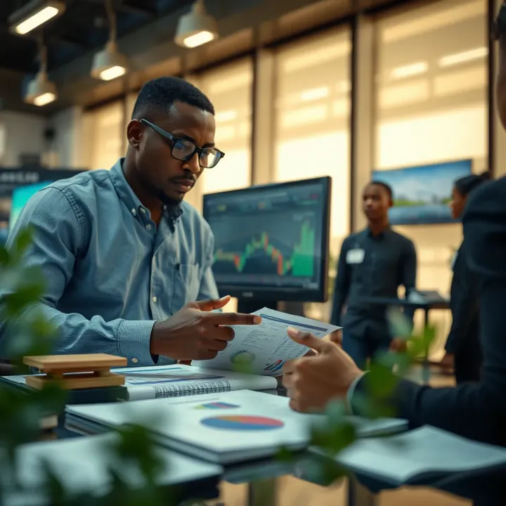 Business professionals analyzing risk factors on digital charts and reports