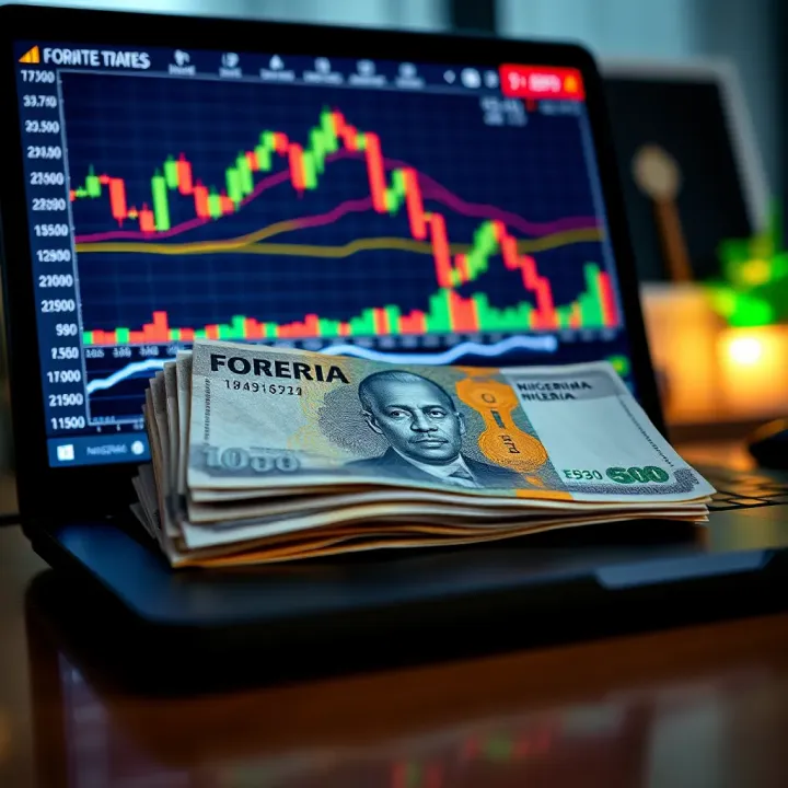 Illustration of Nigerian Naira banknotes alongside a laptop displaying forex trading charts