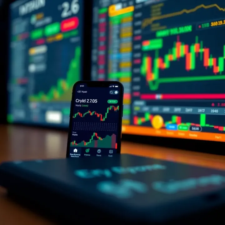 Mobile device displaying cryptocurrency trading application with charts and digital currency icons