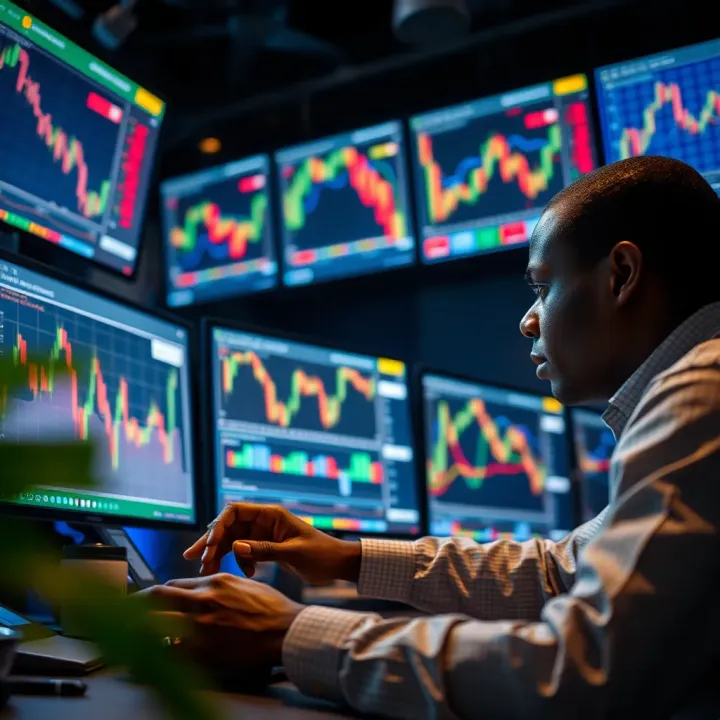 Nigerian trader analyzing economic reports and market charts on multiple screens