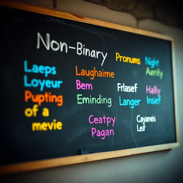Colorful pronouns displayed on a chalkboard representing inclusivity and diversity