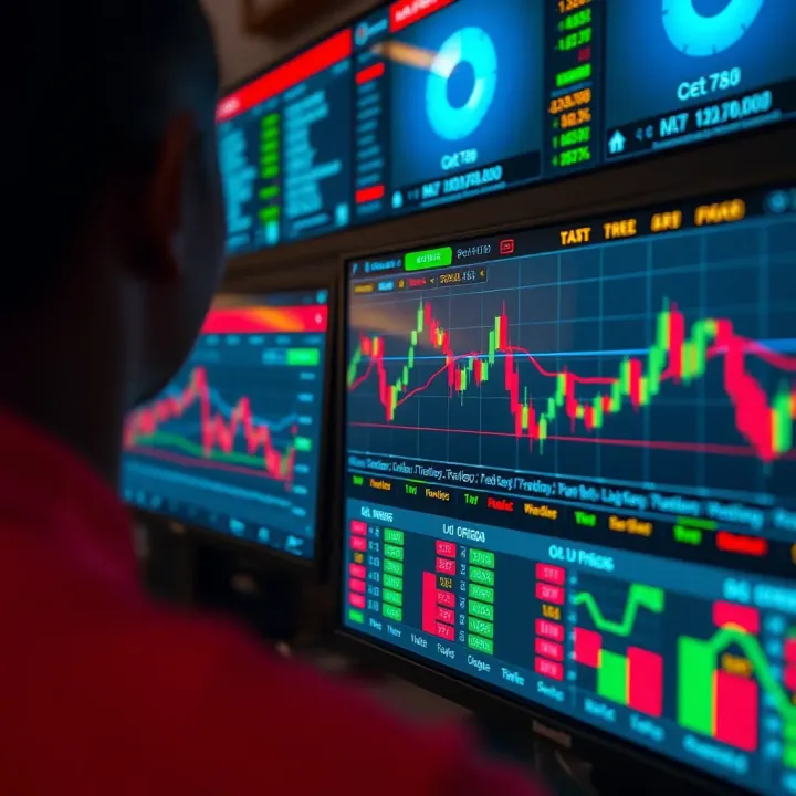 Illustration showing a digital trading platform interface with charts and binary options signals