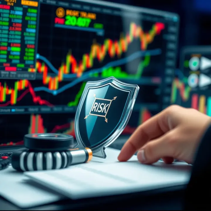 Conceptual illustration of risk management strategies including charts, protective shields, and trading tools