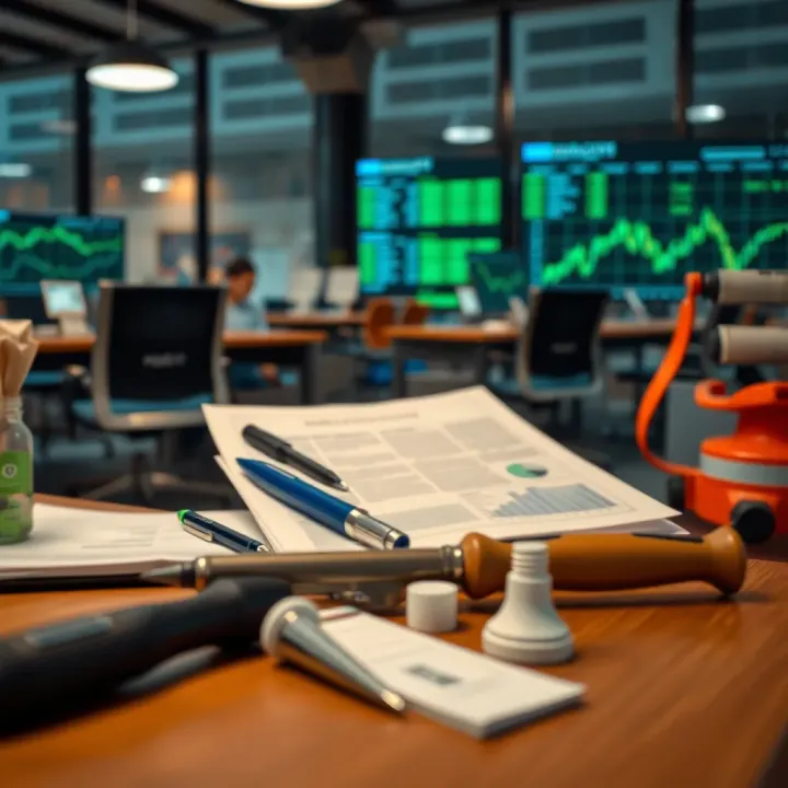 Illustration of a business environment with tools and documents for tracking and controlling risks