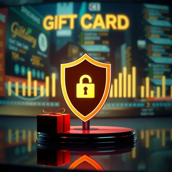 Secure digital transaction concept with shield symbol and gift card icons