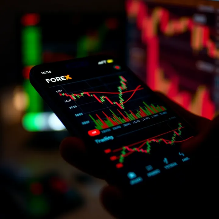 Mobile screen displaying a forex trading app interface with charts and currency pairs