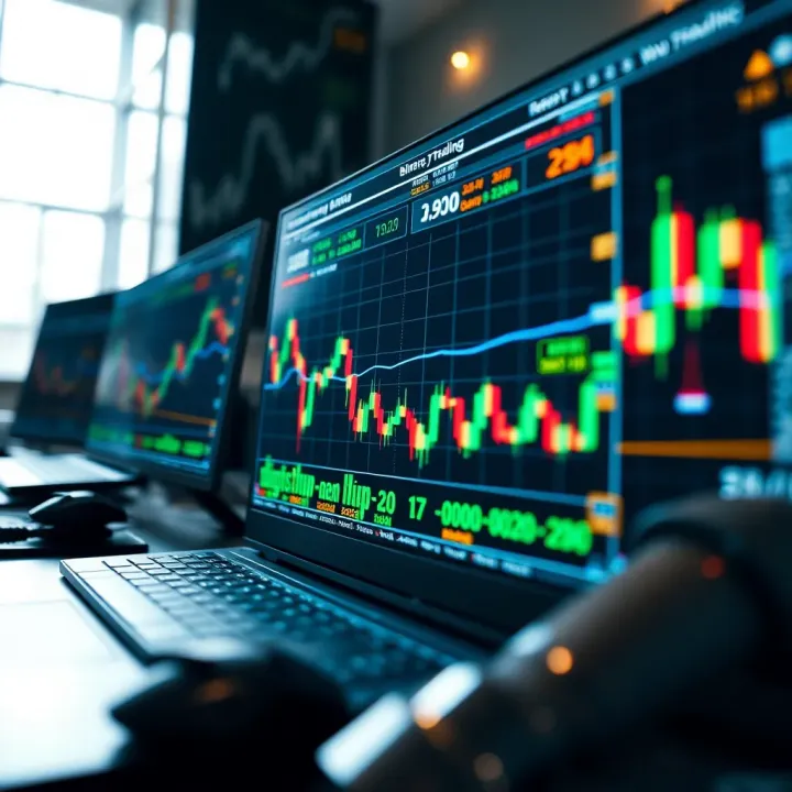 Illustration of a digital interface depicting automated trading with charts and algorithmic data