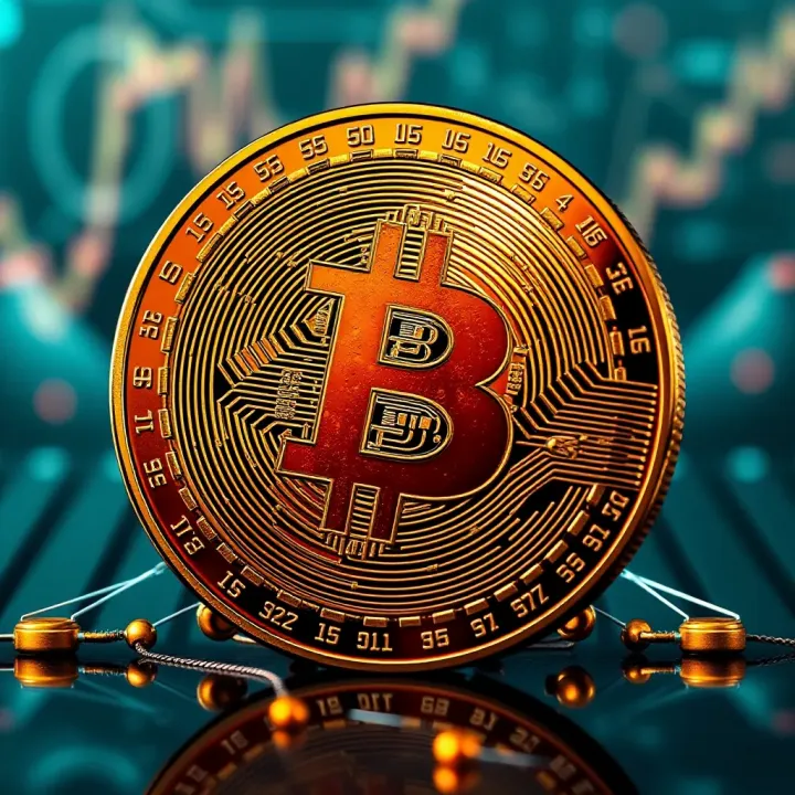 Digital representation of a binary coin with blockchain network in the background