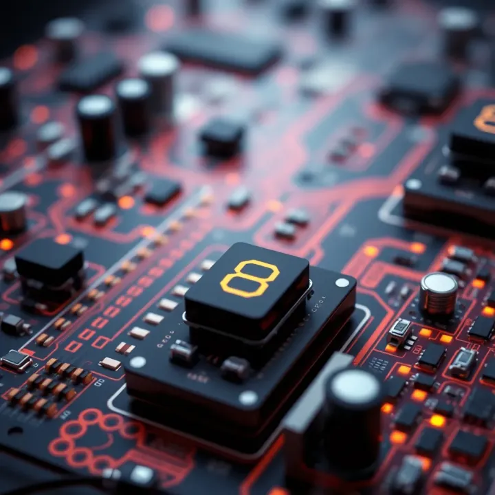 Illustration of digital electronic components connected to demonstrate binary signal processing