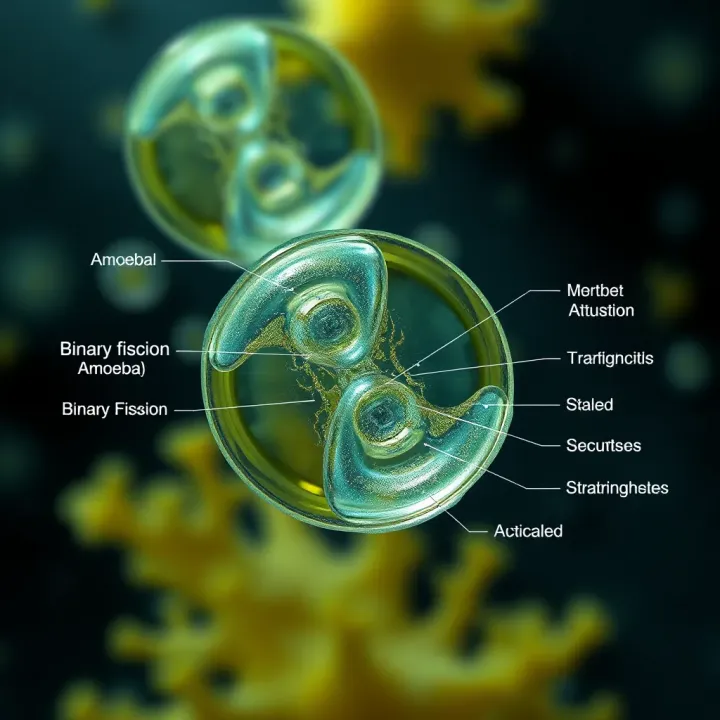 Comparison of Binary Fission and Other Asexual Reproduction Methods Diagram comparing binary fission in amoeba to other asexual reproduction methods with labeled features