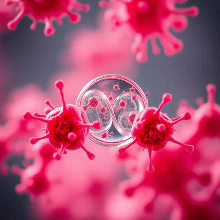 Microscopic view of a single bacterium dividing into two cells through binary fission