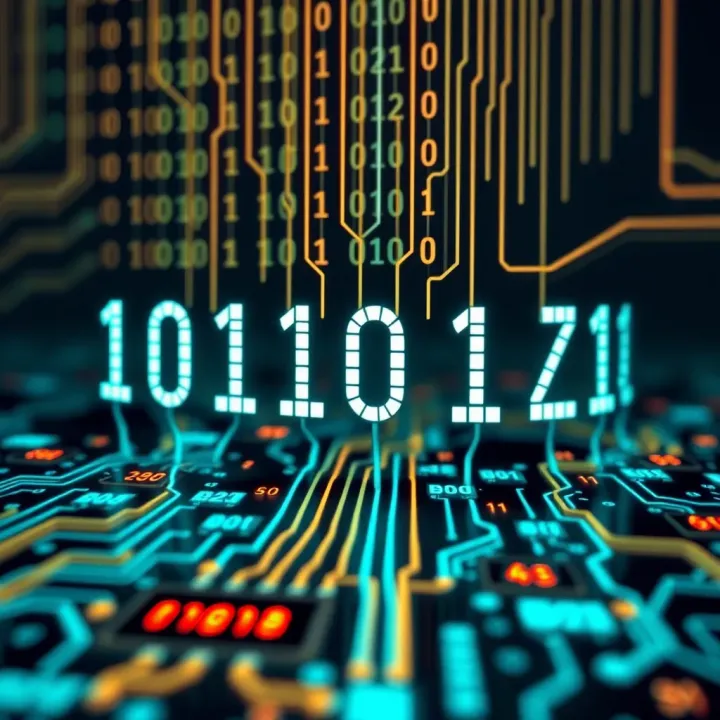 Diagram illustrating the binary number system with binary digits connected to digital circuits