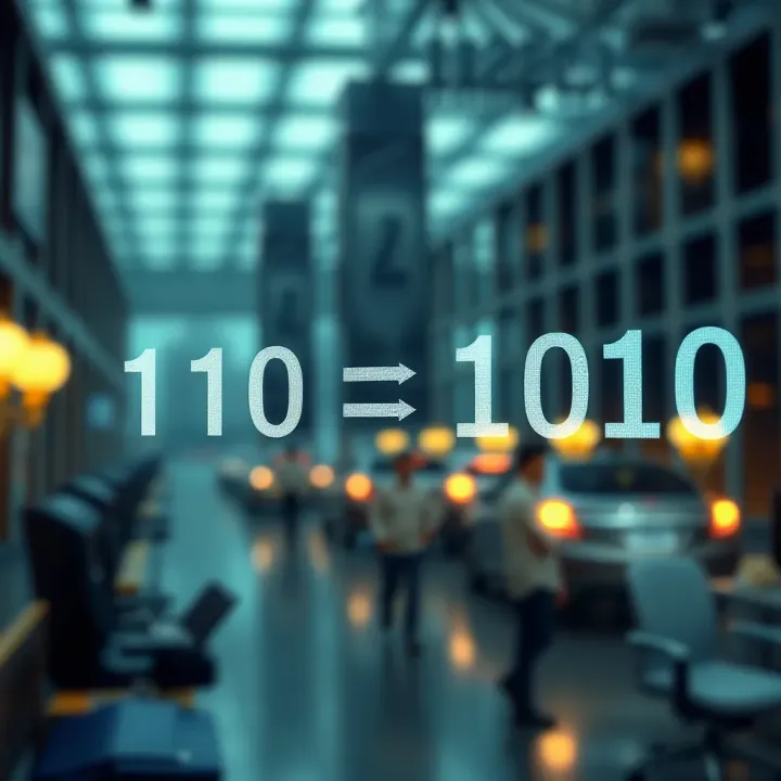 Visual example showing conversion between decimal and binary numbers with arrows indicating the change