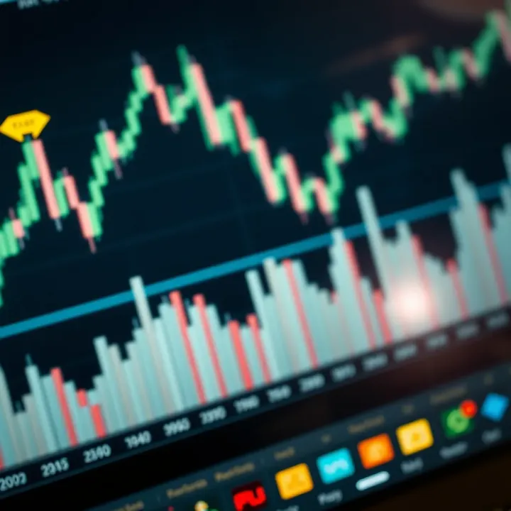 Graph showing fluctuating market trends with technical indicators overlaid