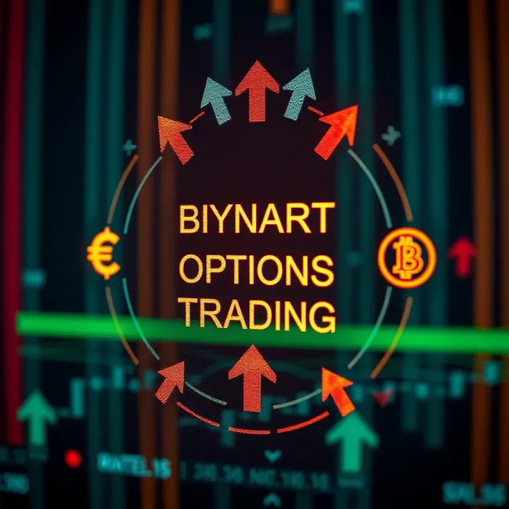 Graphic depicting the concept of binary options trading with digital arrows and currency symbols