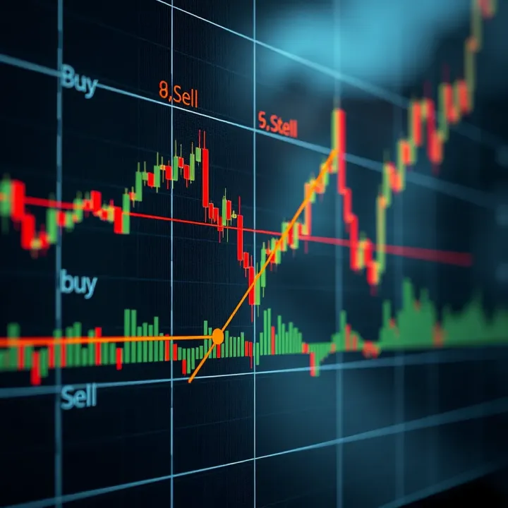 Graph showing cryptocurrency price fluctuations with buy and sell signals highlighted