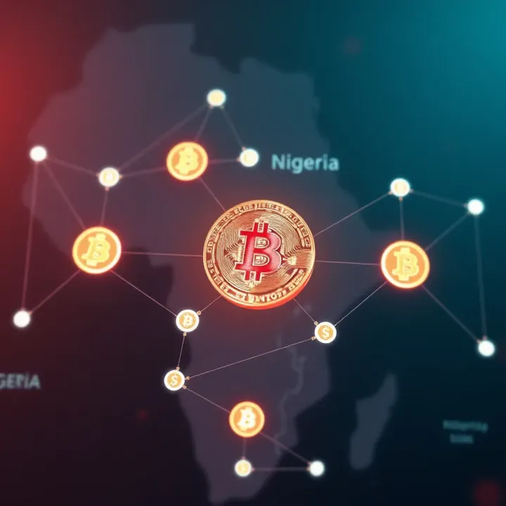 Illustration of digital cryptocurrency symbols connected by blockchain nodes over Nigerian map background