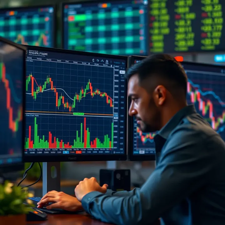 Analyzing Financial Data for Effective Forex Trading Illustration of a trader analyzing financial data on a computer screen with currency symbols in the background